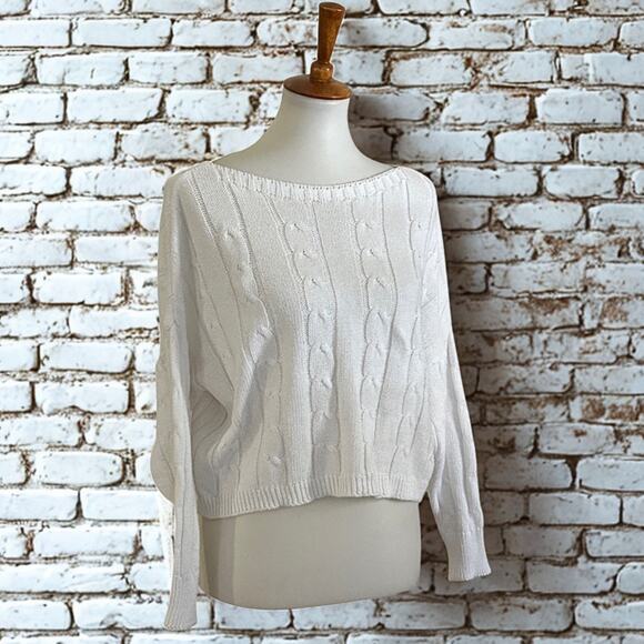 Astrid Sweaters - Crochet-Inspired White Cable Knit Cropped Sweater – Astrid, Sz. S, Made in Italy